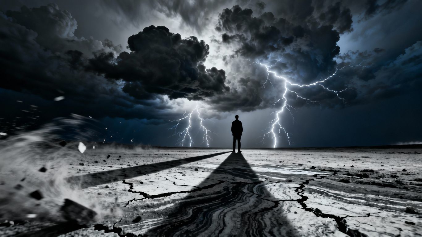 Person silhouetted against stormy sky with lightning.