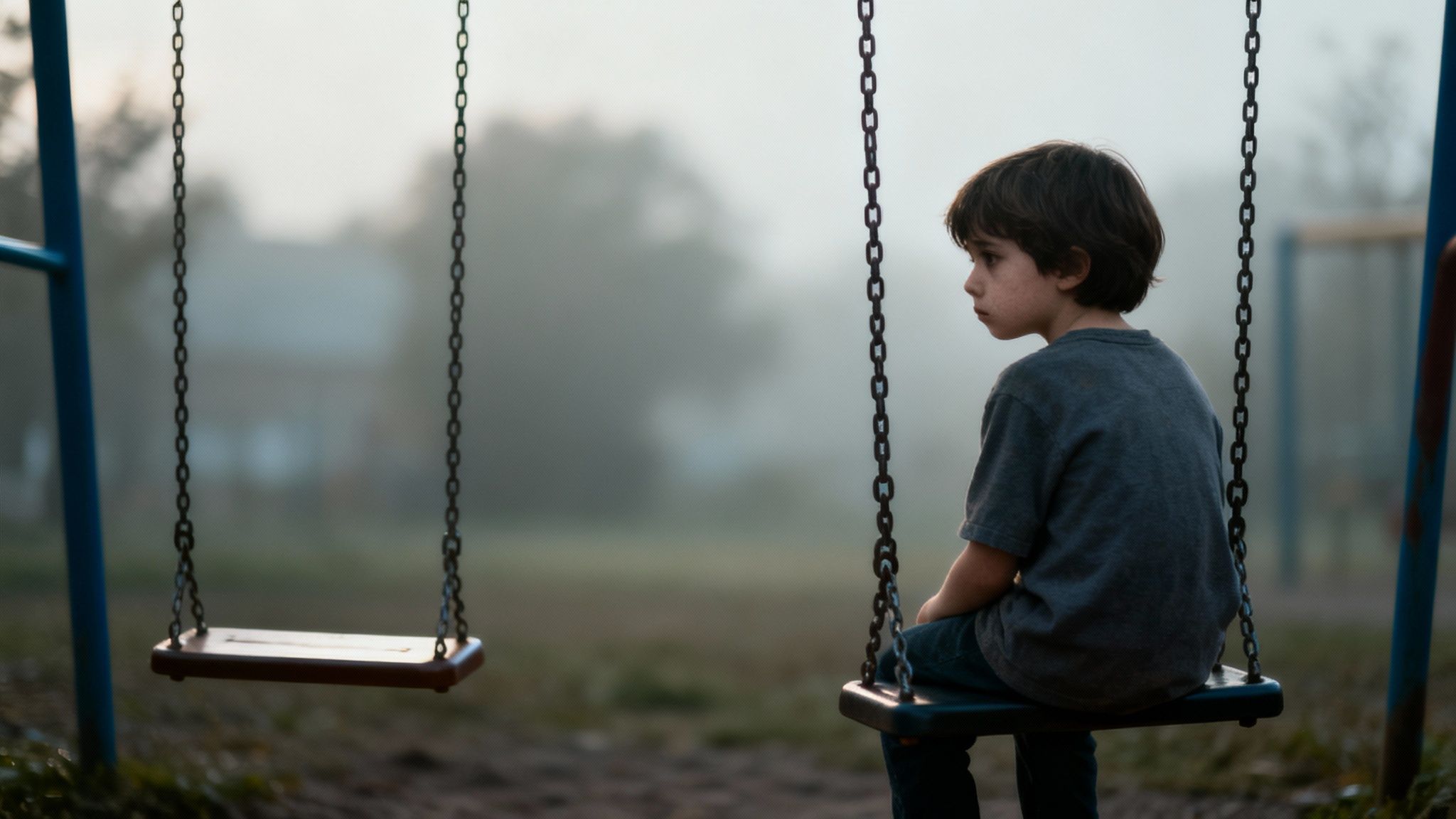 Child on swing set, contemplating maternal absence and emotional impact.
