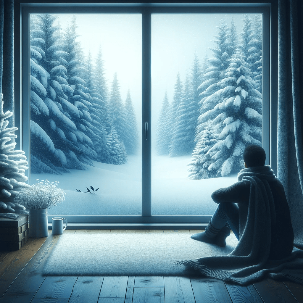 A-serene-and-calming-winter-landscape-depicting-a-person-sitting-cozily-indoors-by-a-window-looking-out-at-the-snow-covered-trees-reflecting-a-mood