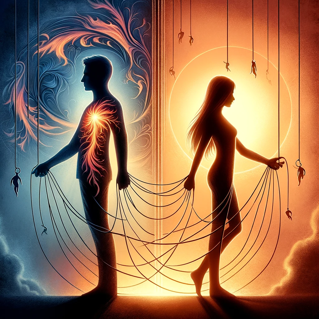 Silhouettes of a male and female facing each other with shadowy chains, symbolizing the twin flame myth and emotional manipulation in relationships, against a background transitioning from warm to cold colors.