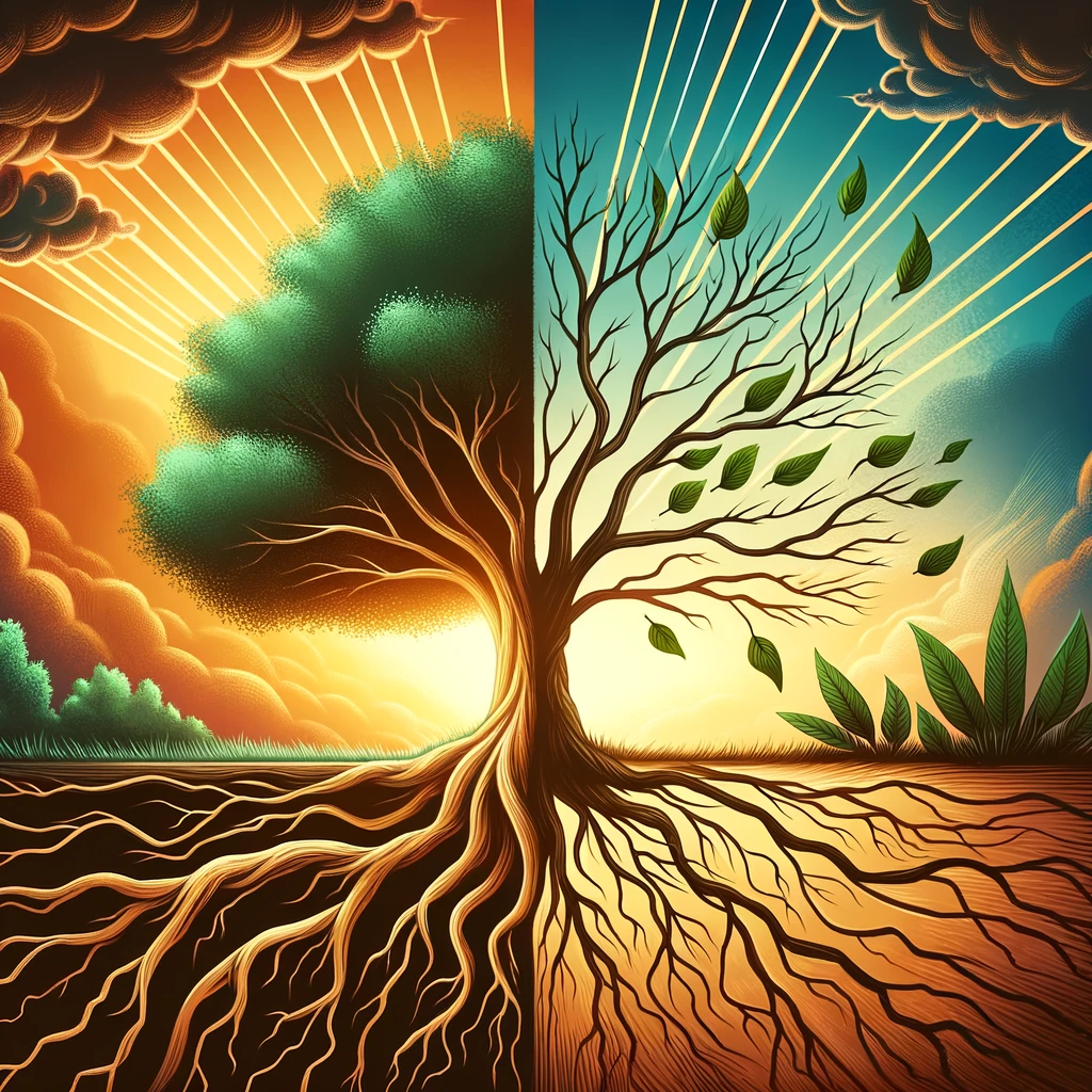 Tree with strong roots and healthy leaves on one side, and twisted branches with wilted leaves on the other, against a sunrise, symbolizing the contrast between healthy and dysfunctional family dynamics with hope for healing.