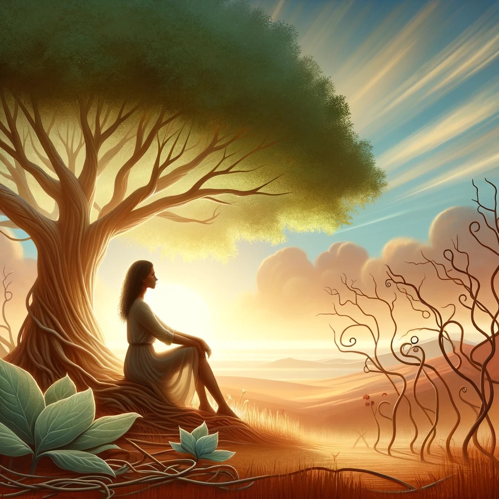 A serene image of a middle-aged woman sitting under a flourishing tree, looking towards a bright sunrise, symbolizing new beginnings and the breaking away of withering vines, representing her healing from codependent relationships and gaining independence.