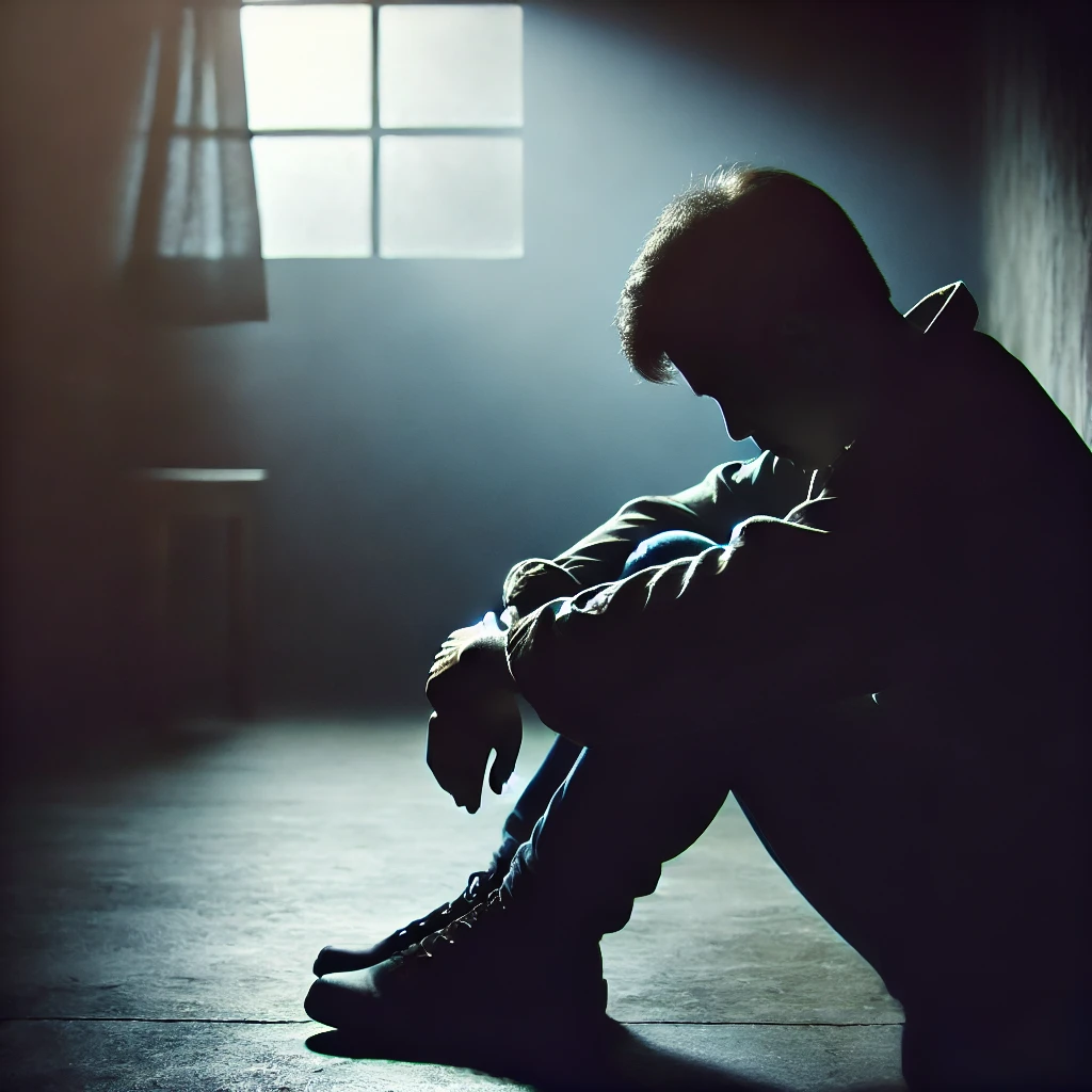 Shame Guy A person sitting alone in a dimly lit room with their head down expressing a sense of deep shame and sadness The atmosphere is heavy with shadows e