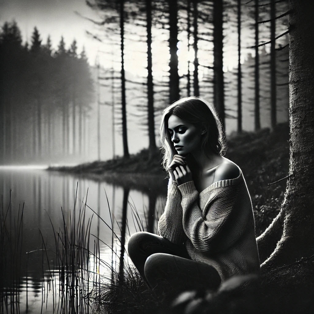 Black and white image of a woman reflecting alone in nature, symbolizing the healing journey from anxiety, depression, and past trauma.