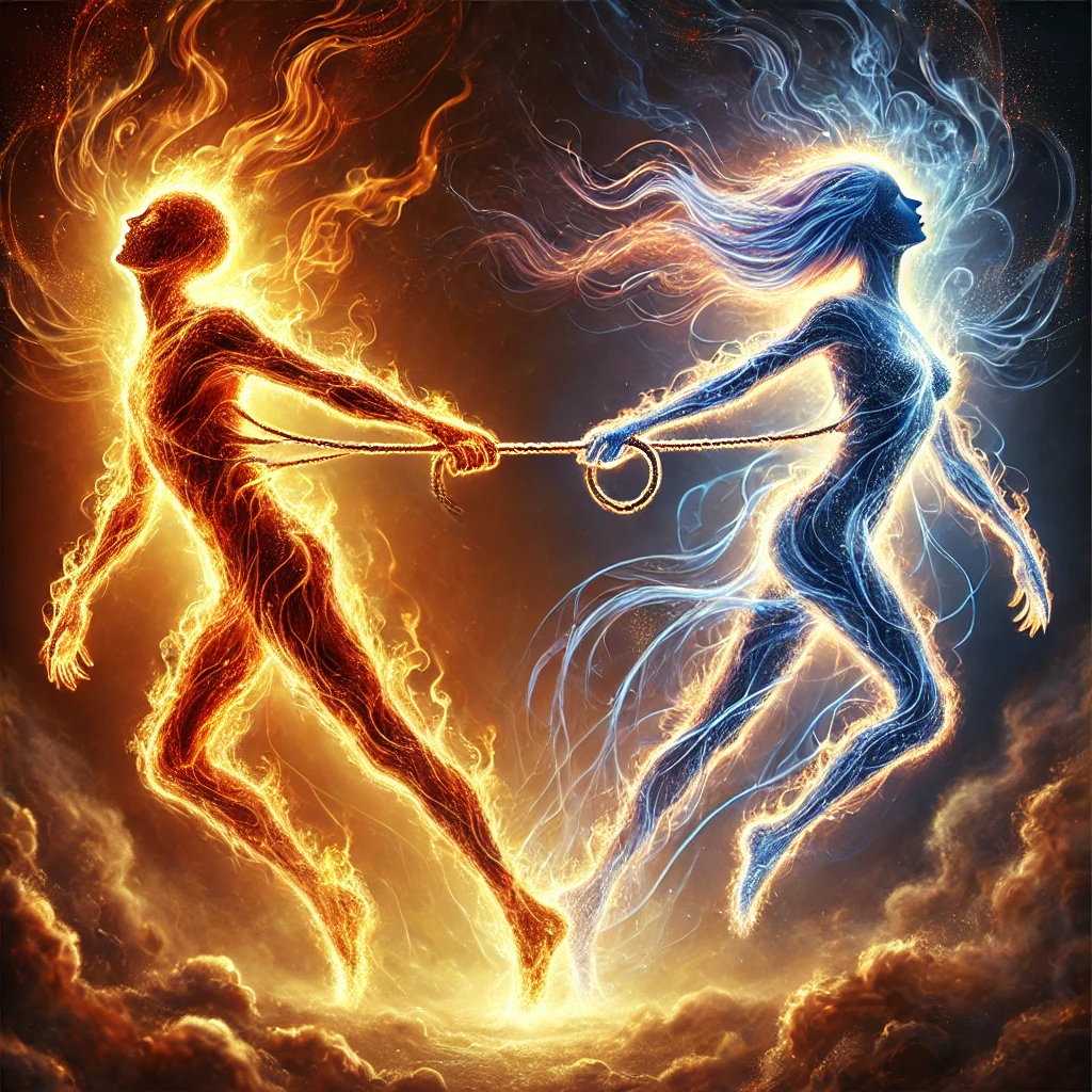 Symbolic representation of twin flames with two intertwined figures made of fire and light, one pulling the other in a controlling manner, highlighting the theme of manipulation in spiritual relationships