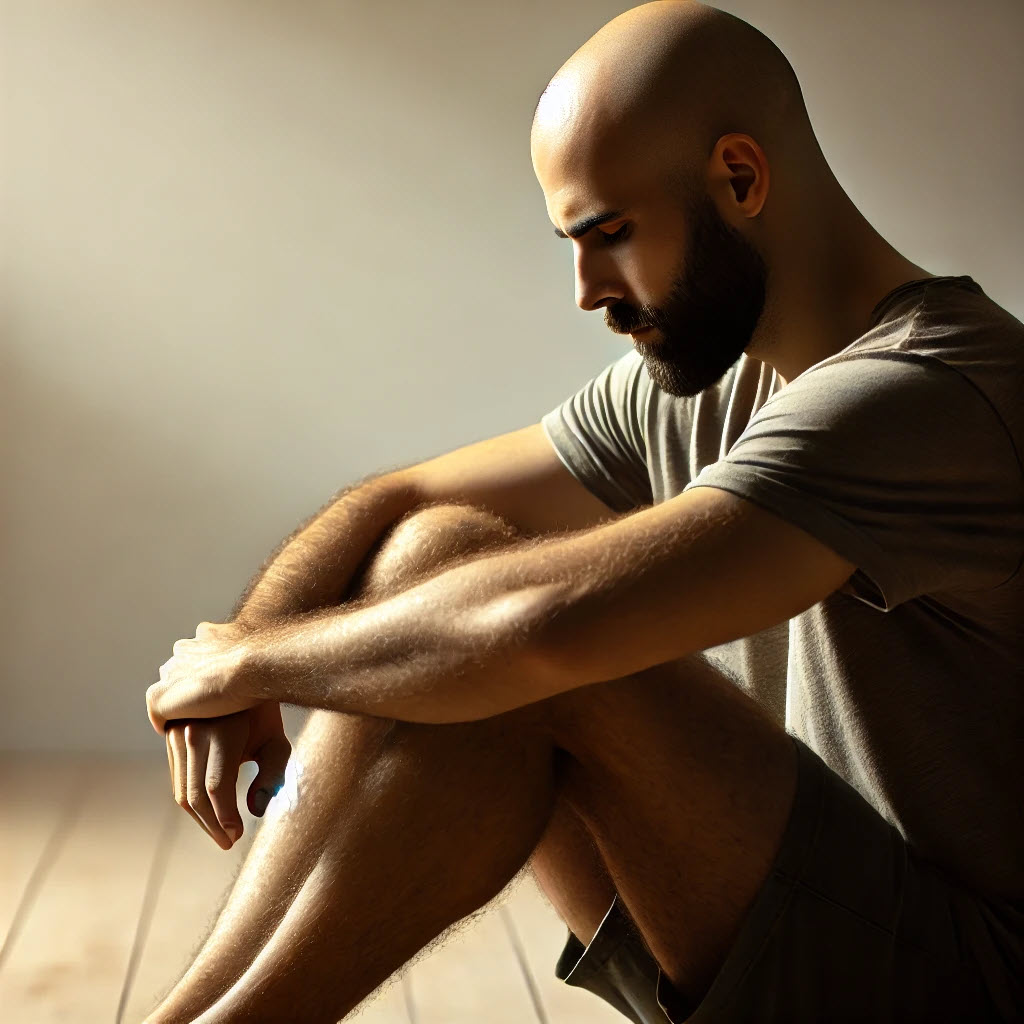 Bald man with a beard sitting hunched over, displaying a tense expression in a minimalist room, symbolizing trauma fawn response and emotional vulnerability