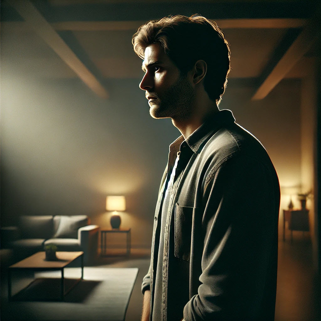 Lonely man standing in a dimly lit room, reflecting on emotional weight and isolation associated with cutting toxic family ties