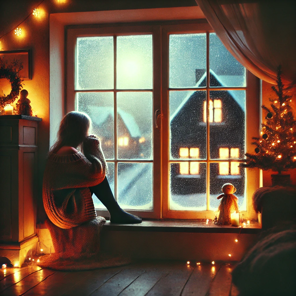 An emotional image of a young woman sitting alone by a large window during Christmas suffering from Fatherless daughter holidays An emotional image of a young woman sitting alone by a large window during Christmas suffering from Fatherless daughter holidays