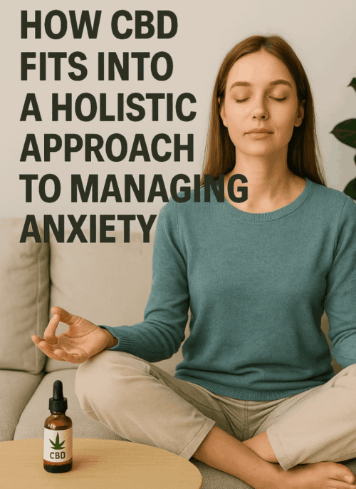 Alt Text: Young woman meditating on a sofa with eyes closed, wearing a teal sweater and beige pants, with a CBD oil bottle on the table and the text "How CBD Fits Into a Holistic Approach to Managing Anxiety" displayed beside her.