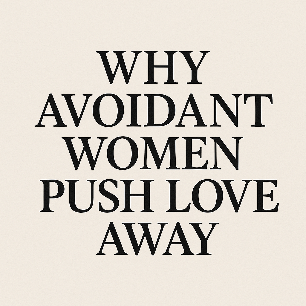 Minimalist beige image with bold black typography centered on the screen that reads: “Why Avoidant Women Push Love Away,” relating to abandonment wounds and avoidant attachment in women.