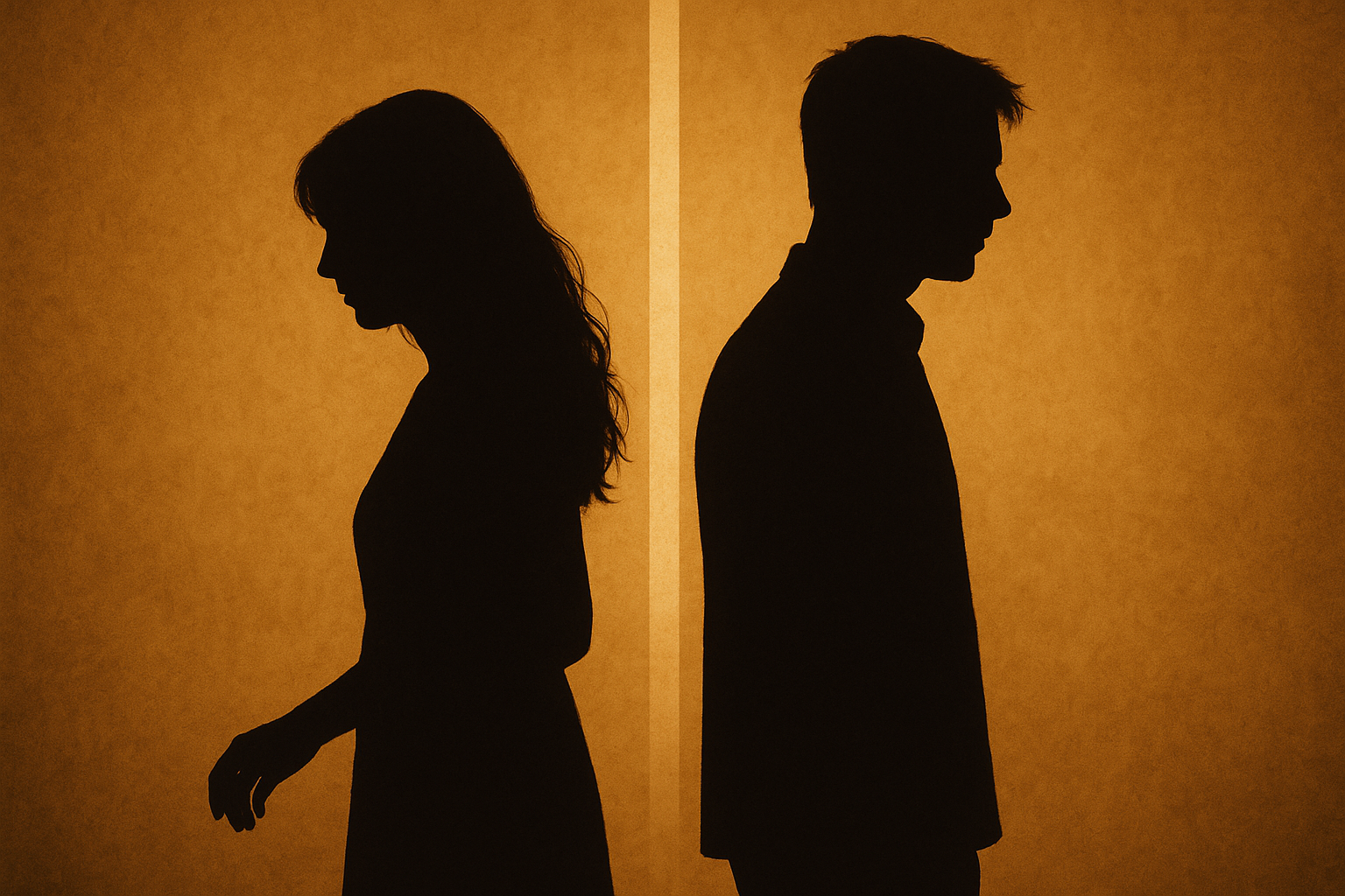 Silhouettes of an anxious woman and an avoidant man standing back-to-back, separated by a thin line of light, symbolizing emotional distance and relationship disconnection.