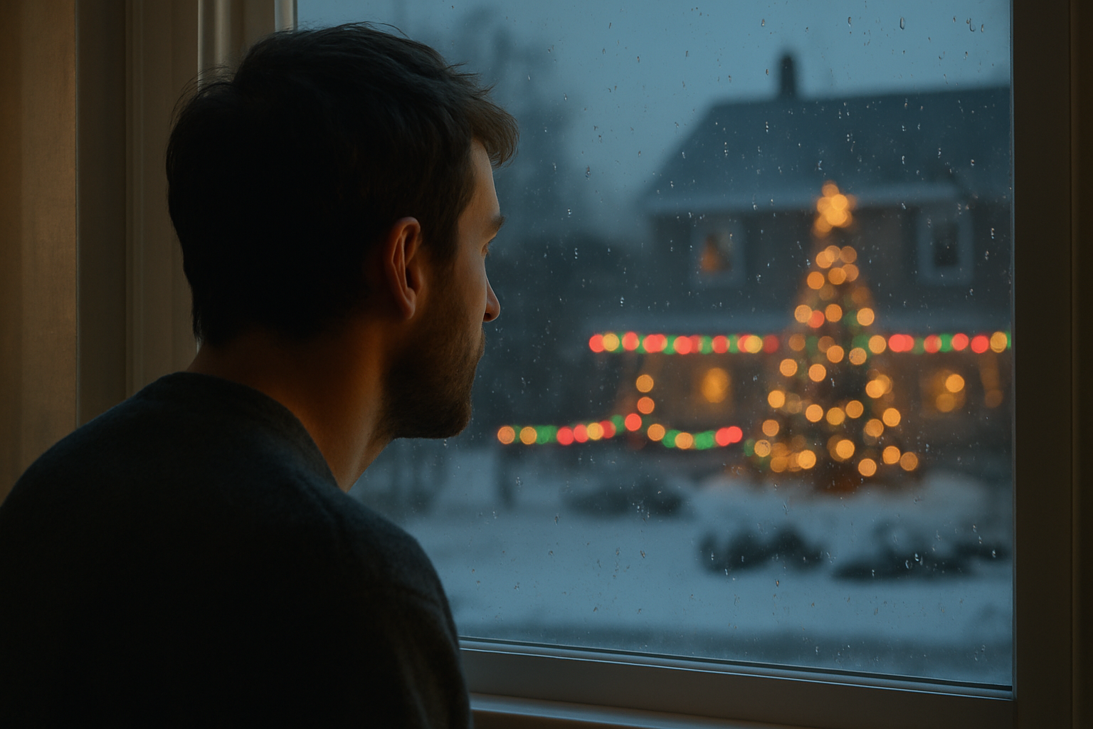 Man gazing at snowy holiday lights
