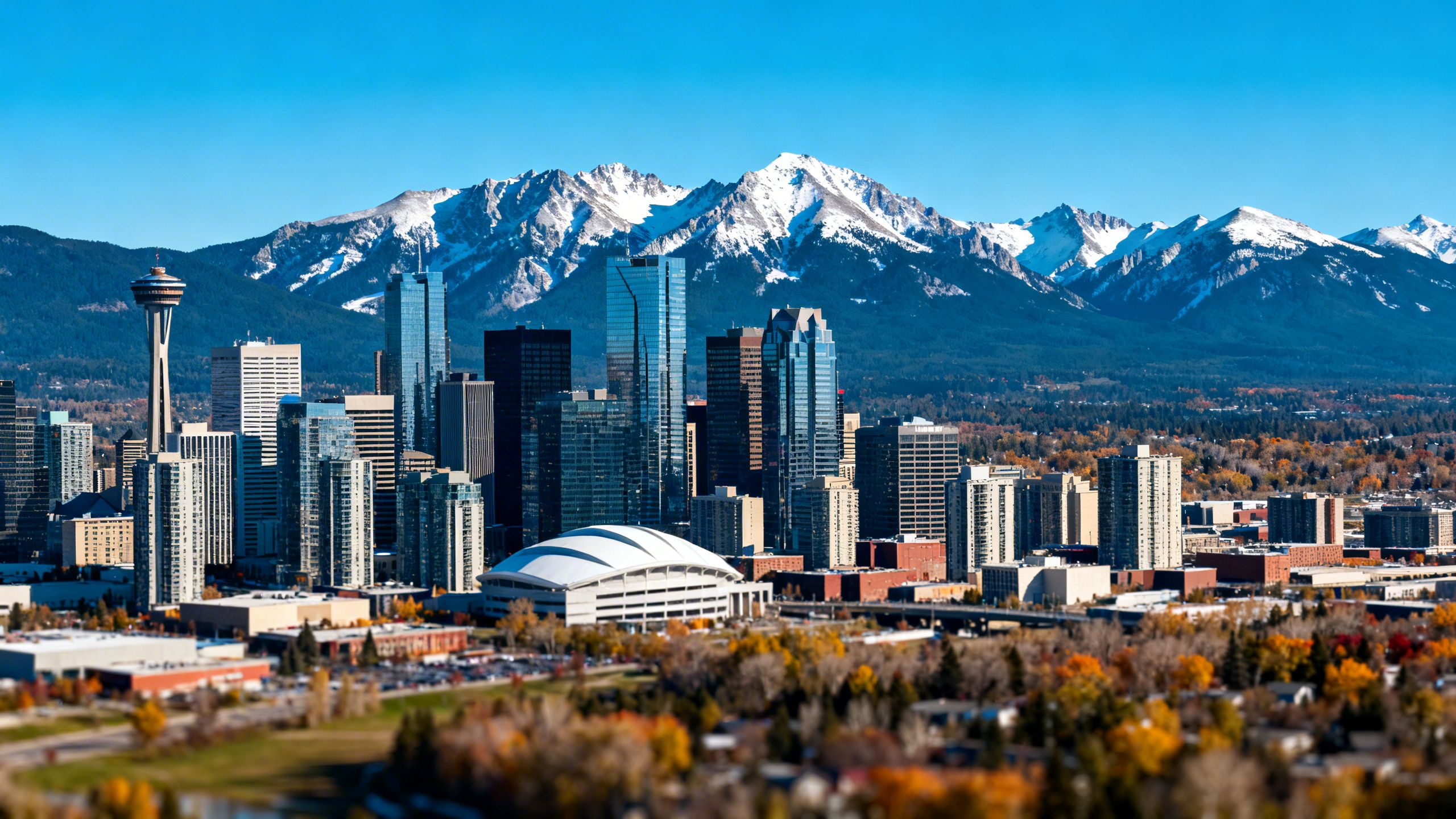 Calgary skyline with the Rocky Mountains in the background