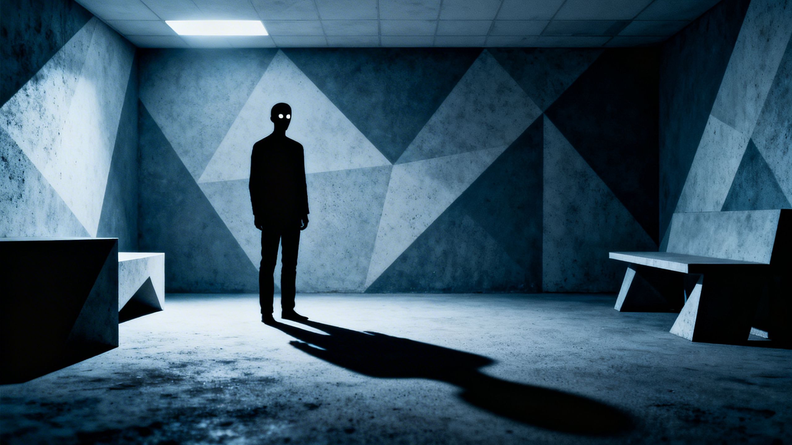 Figure with blank face in a dark, isolating room.