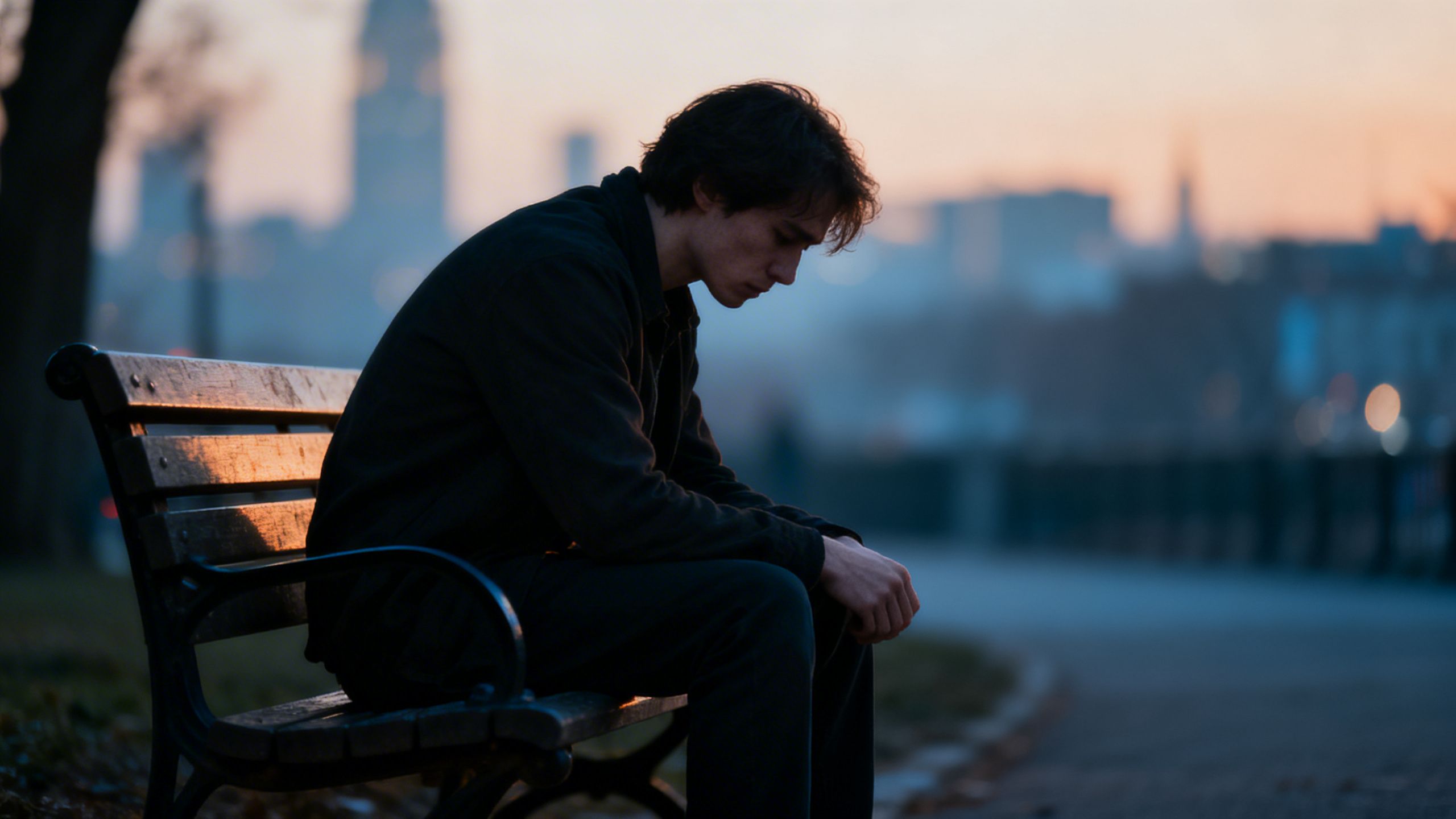 Person on bench looking down, city background, feeling of isolation.