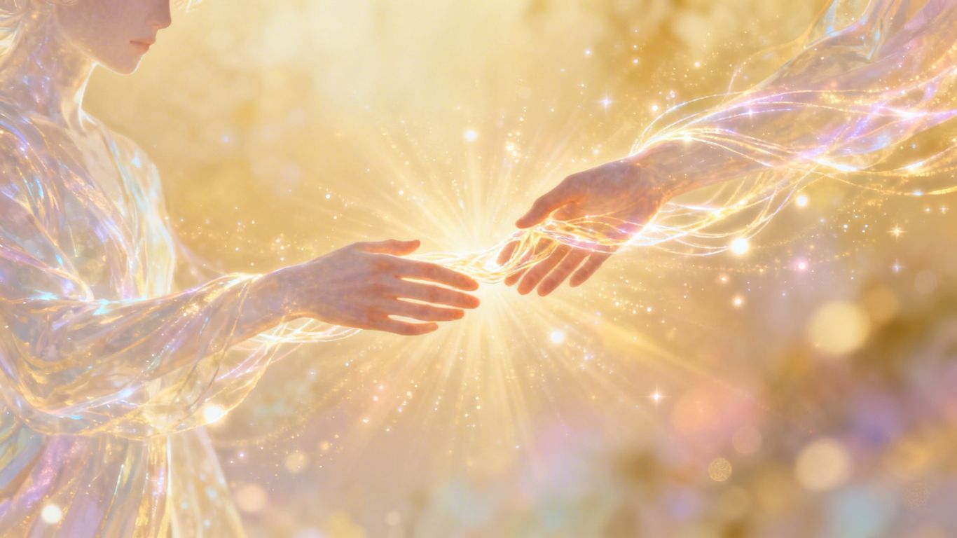 Two figures reaching for each other with connecting energy.