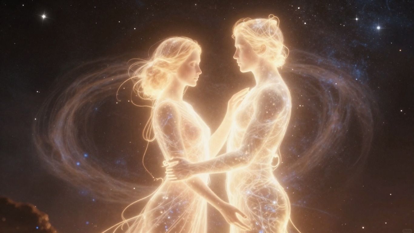 Two glowing figures connected against a cosmic background.