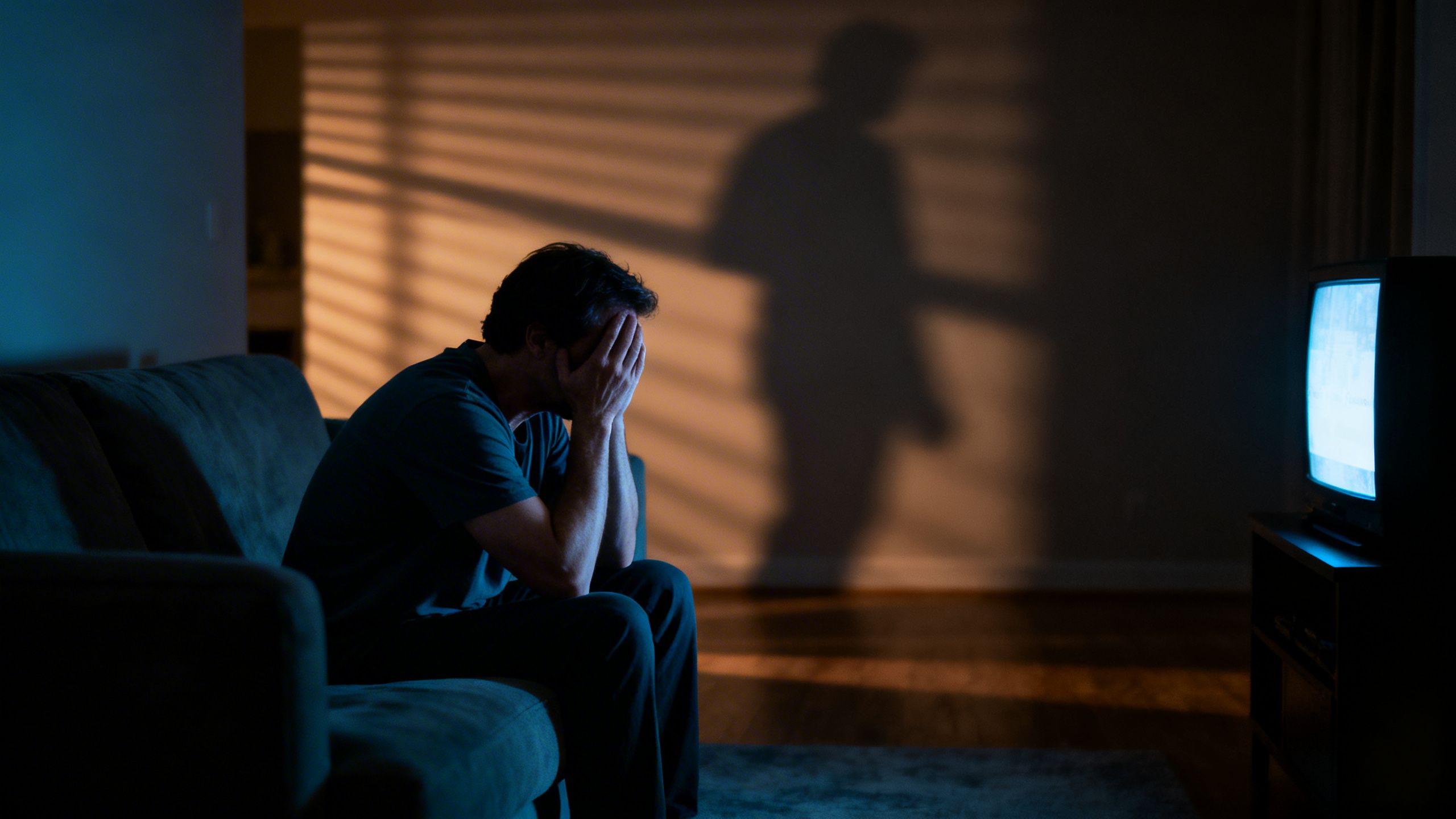 Adult sitting alone in a dimly lit room looking stressed Adult sitting alone in a dimly lit room, looking stressed.