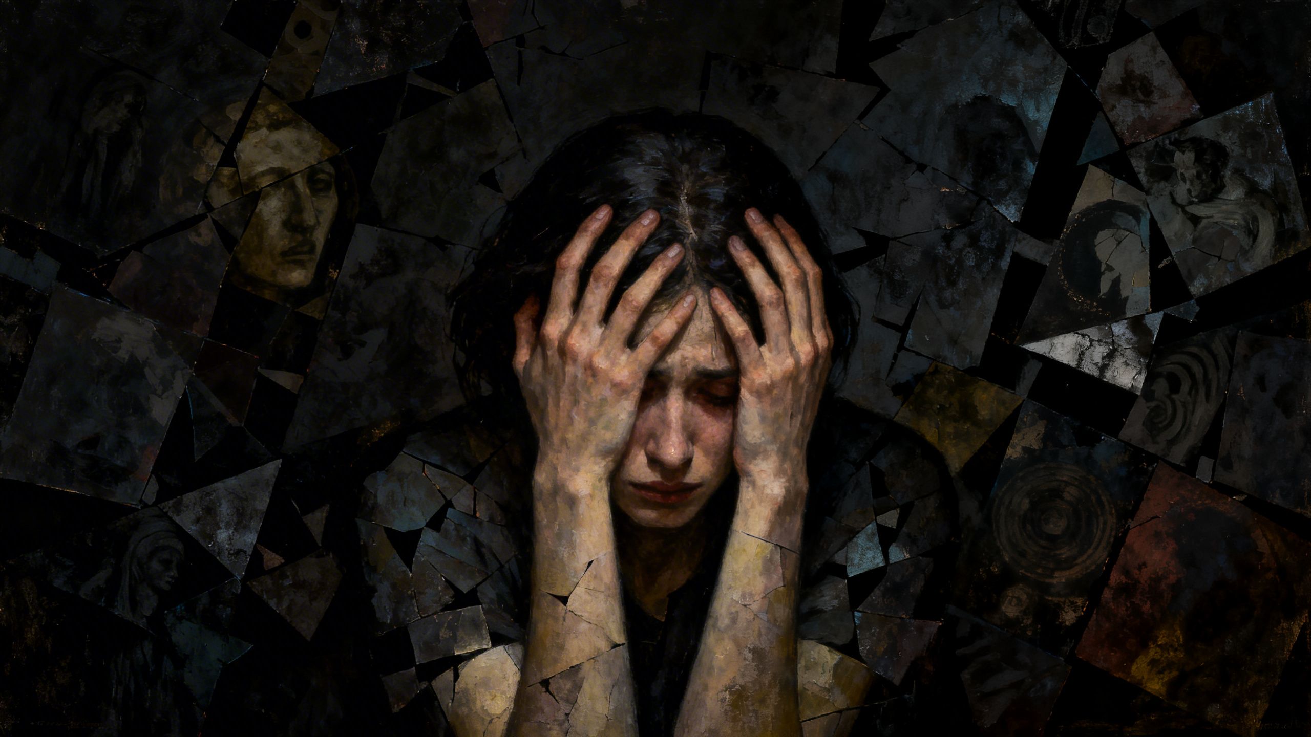 Person overwhelmed by trauma seeking help Person overwhelmed by trauma, seeking help.