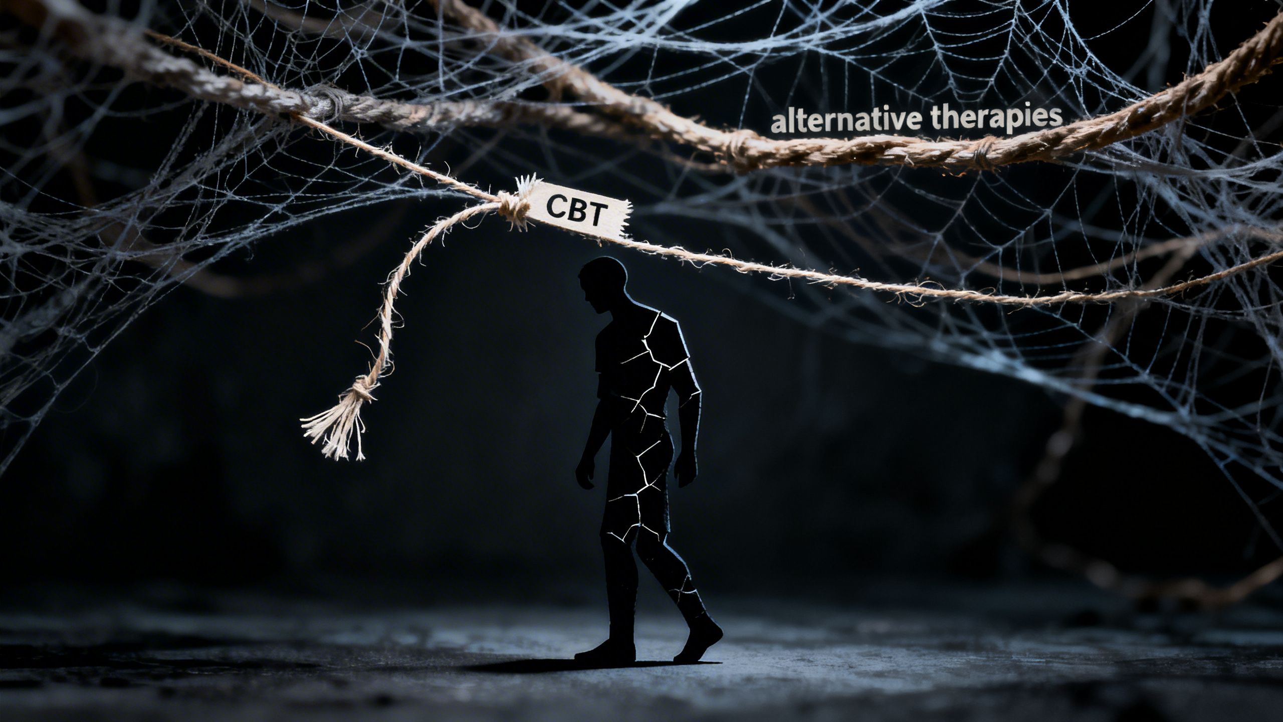 Person struggling with tangled web, with one thin strand breaking.