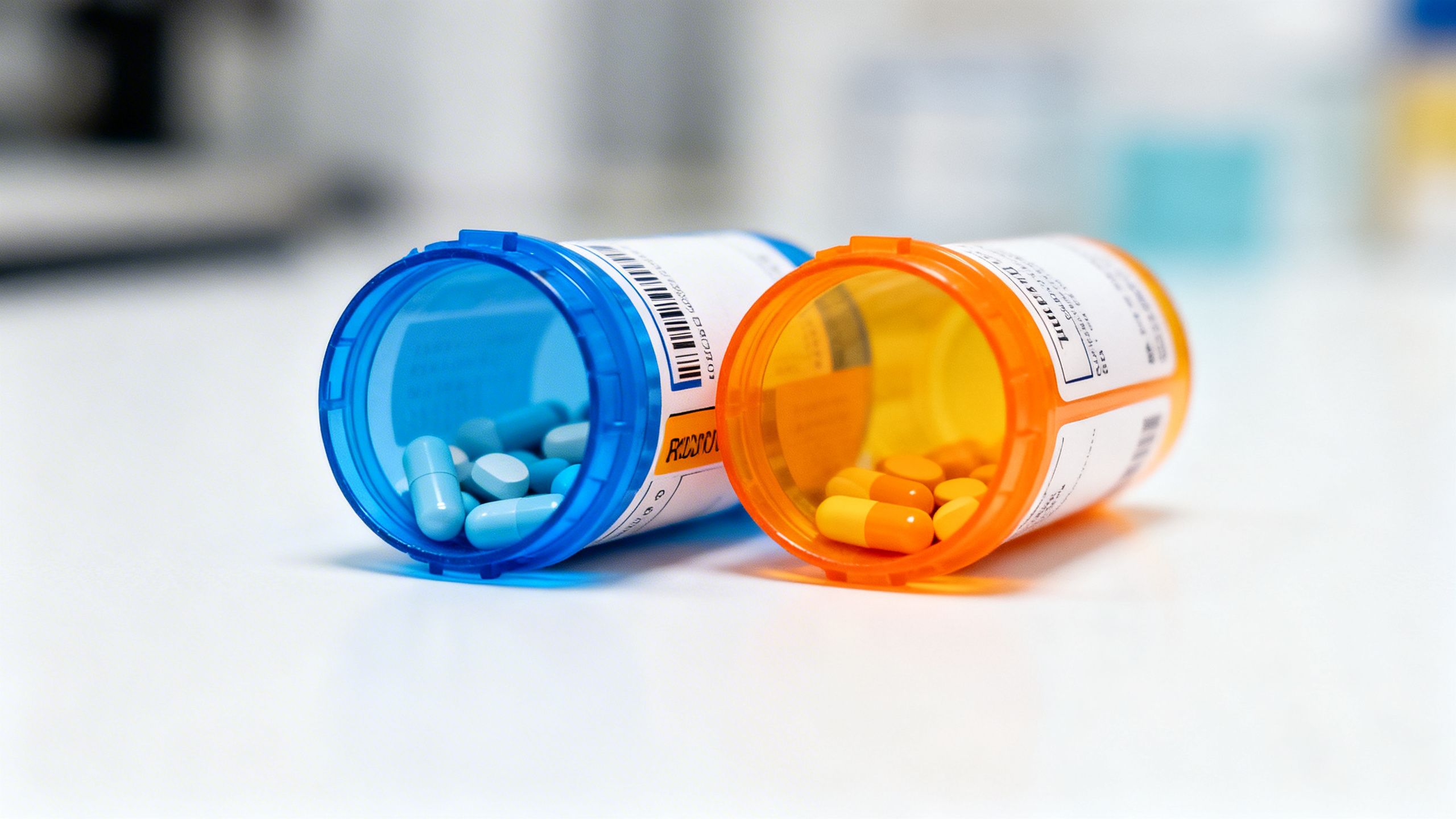 Two prescription pill bottles, blue and orange, on a white surface.