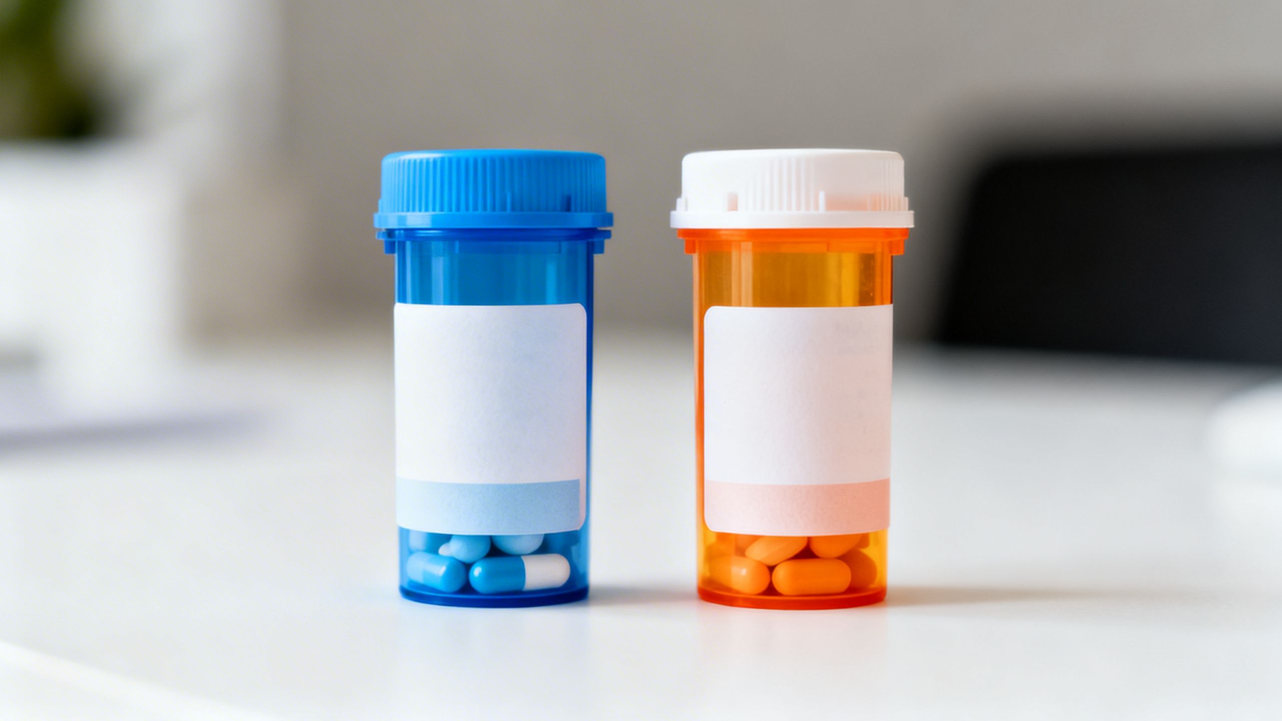 Two prescription pill bottles, blue and orange.