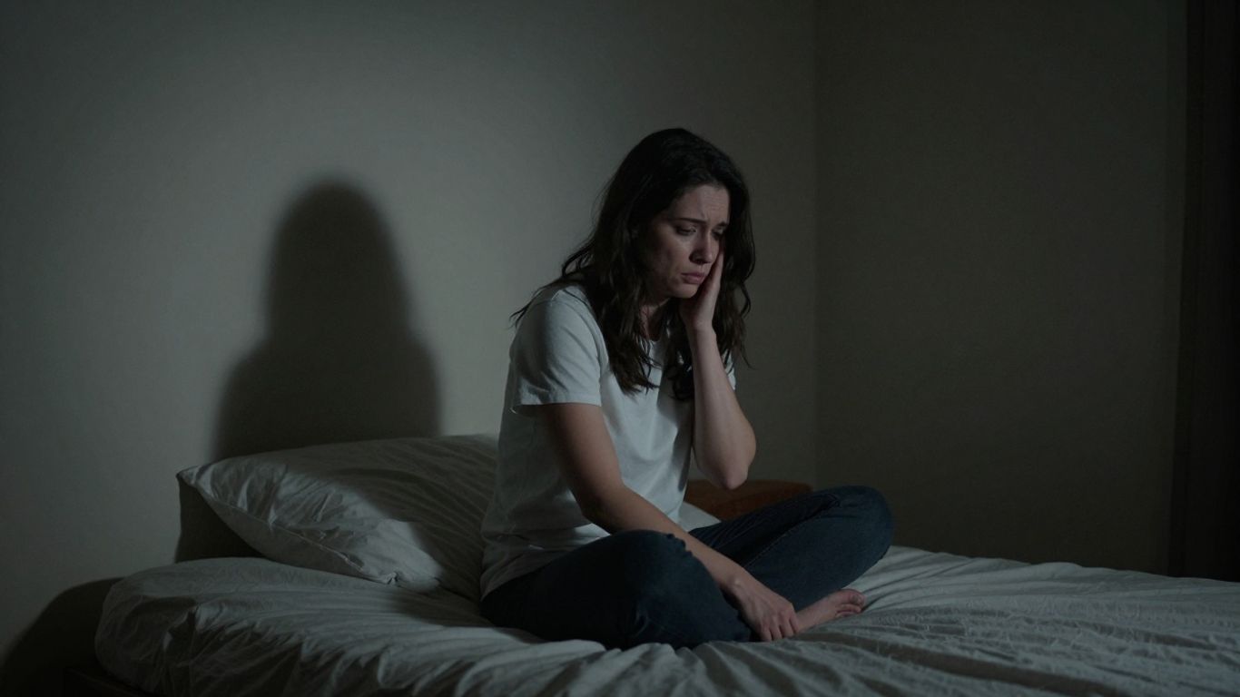 Woman looking distressed on a bed, partner in background.