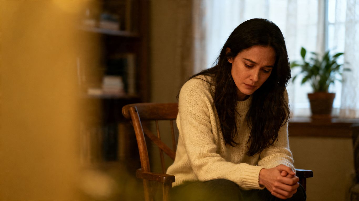 Woman's thoughtful expression in a domestic setting.