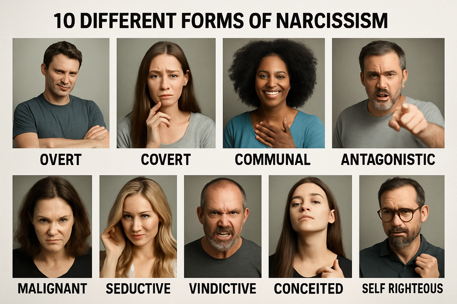 Poster-style infographic titled '10 Different Forms of Narcissism' with ten headshots labeled Overt, Covert, Communal, Antagonistic, Malignant, Seductive, Vindictive, Conceited, Self-righteous