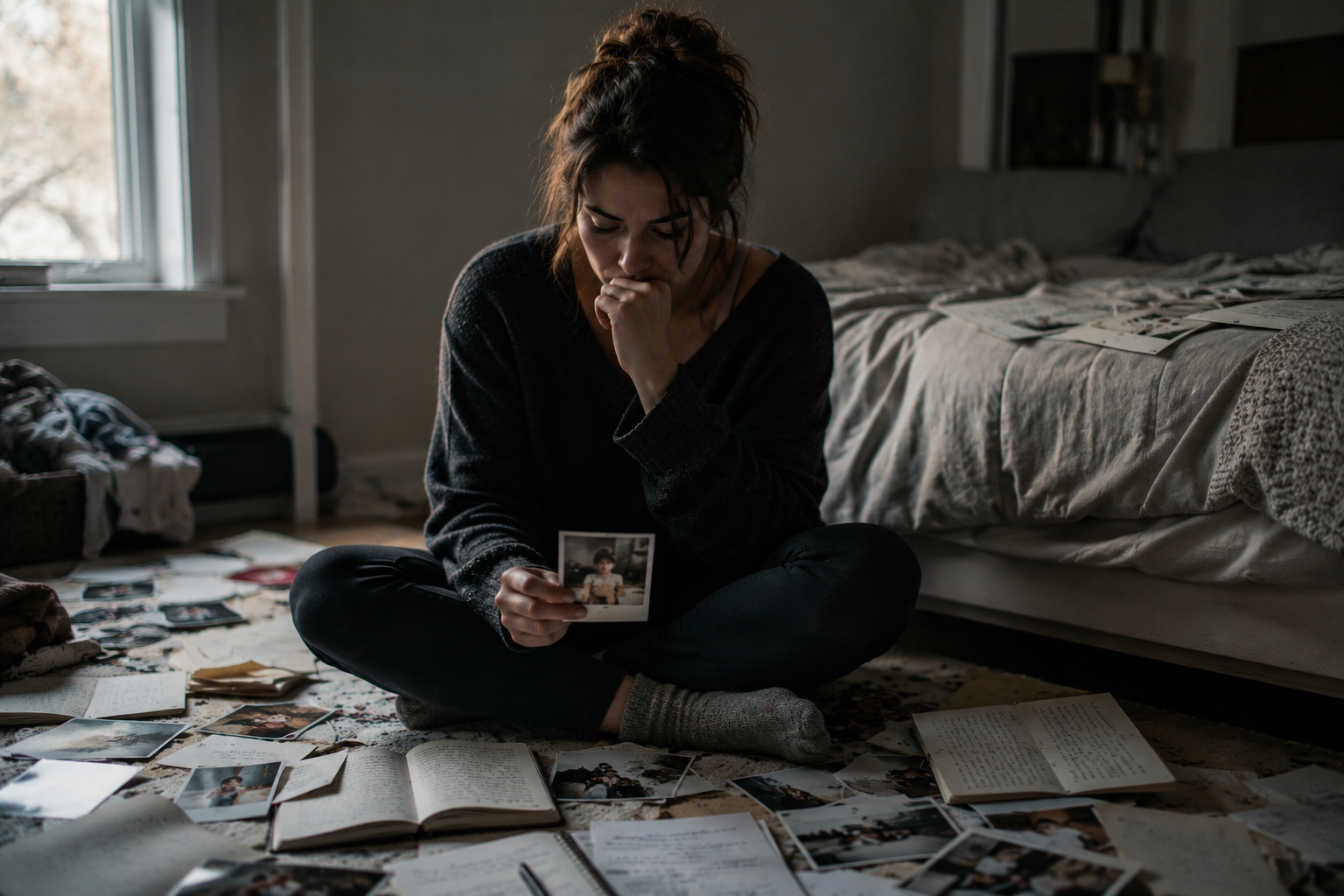 Woman sitting on her bedroom floor holding a childhood photograph while surrounded by relationship photos, letters, and journals, reflecting on emotional wounds from past relationships and childhood experiences.