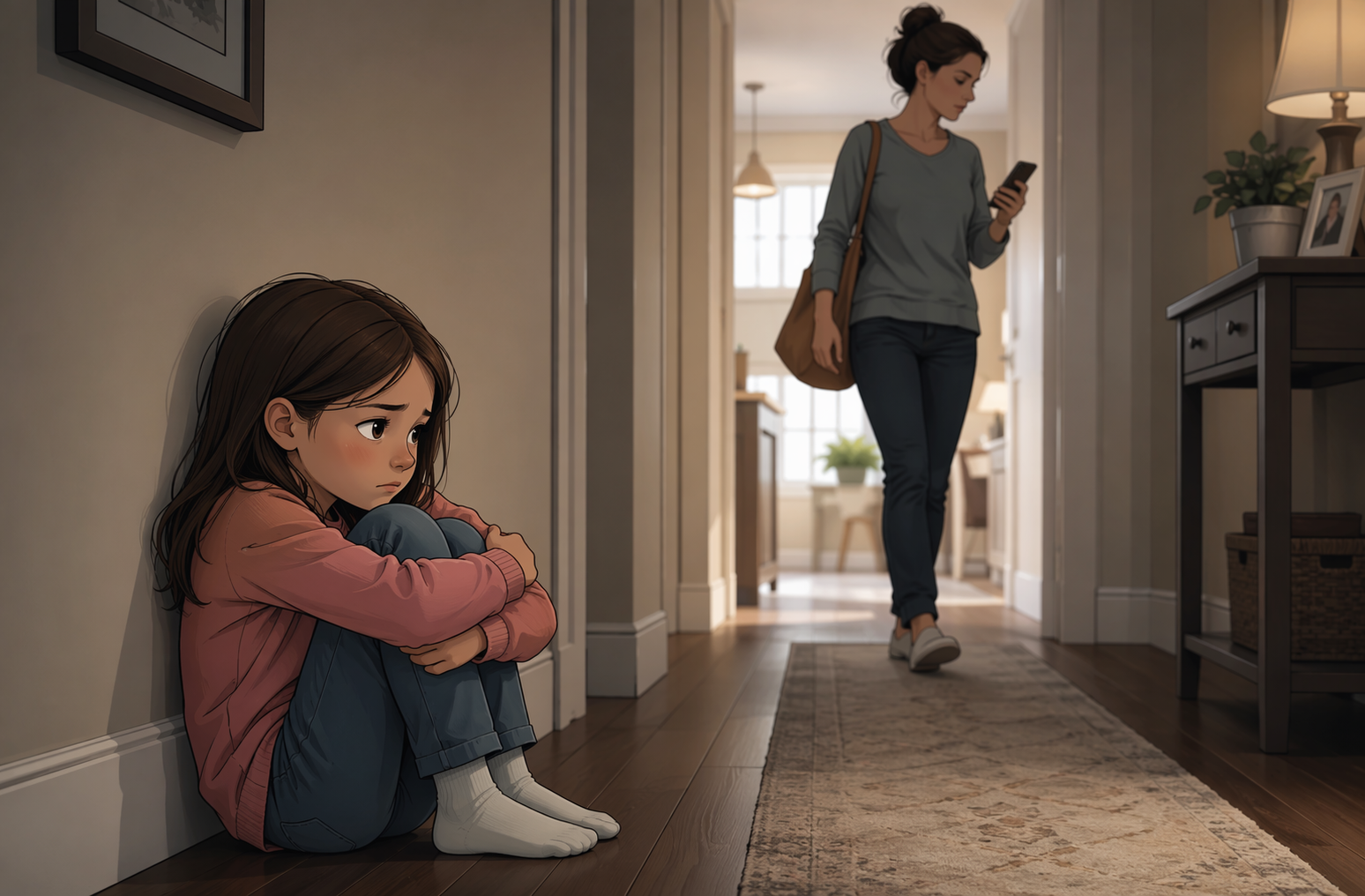 Child sitting alone on hallway floor ignored by passing parent
