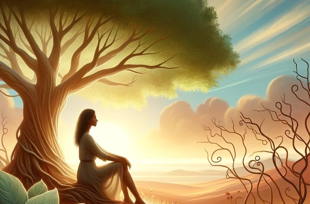 Woman sitting under a tree looking toward a bright sunrise