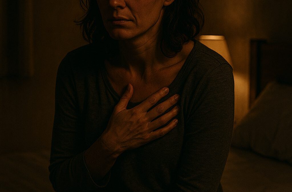 A woman sits alone looking overwhelmed, representing the emotional weight of complex anxiety and unresolved trauma.