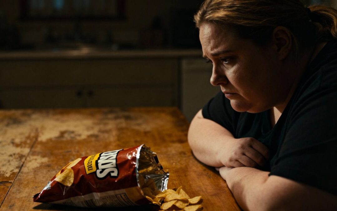 Woman looking sadly at food, feeling emotional eating.