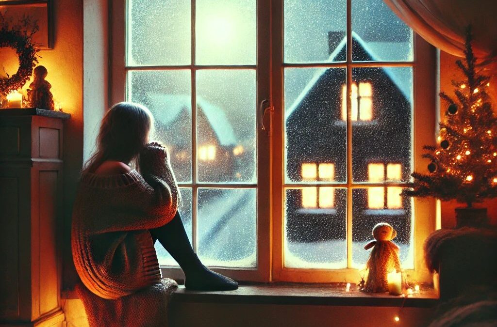 An emotional image of a young woman sitting alone by a large window during Christmas suffering from Fatherless daughter holidays