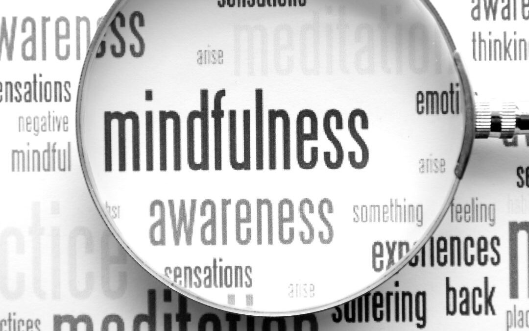 Magnifying glass over the words mindfulness and awareness