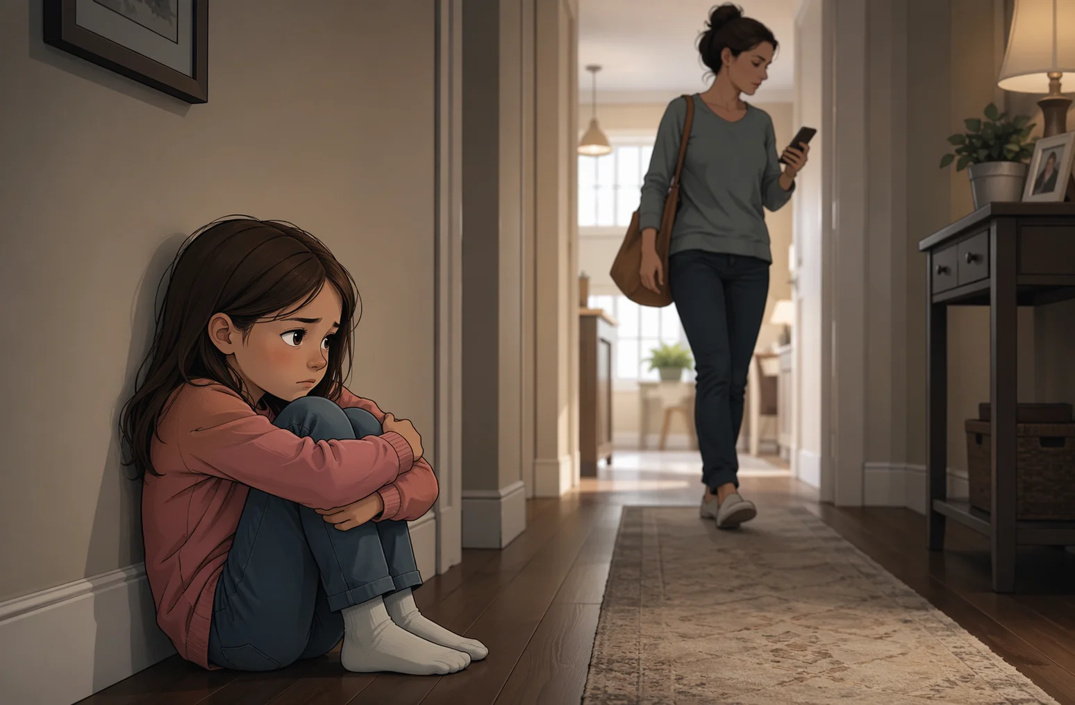 Child sitting alone on hallway floor ignored by passing parent