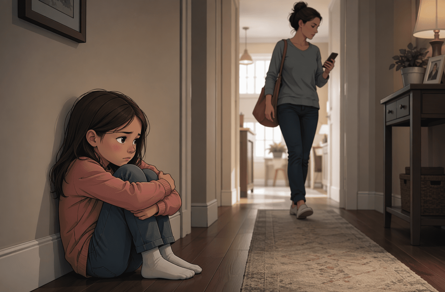 Child sitting alone on hallway floor ignored by passing parent