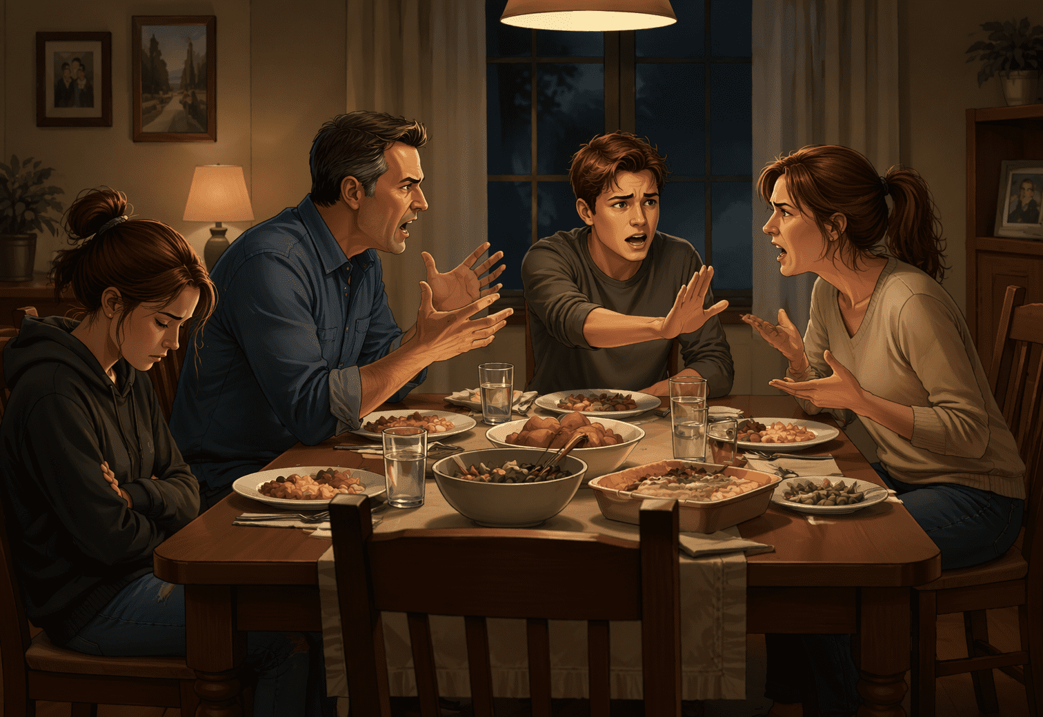 Family dinner with tense, withdrawn member and interruptions