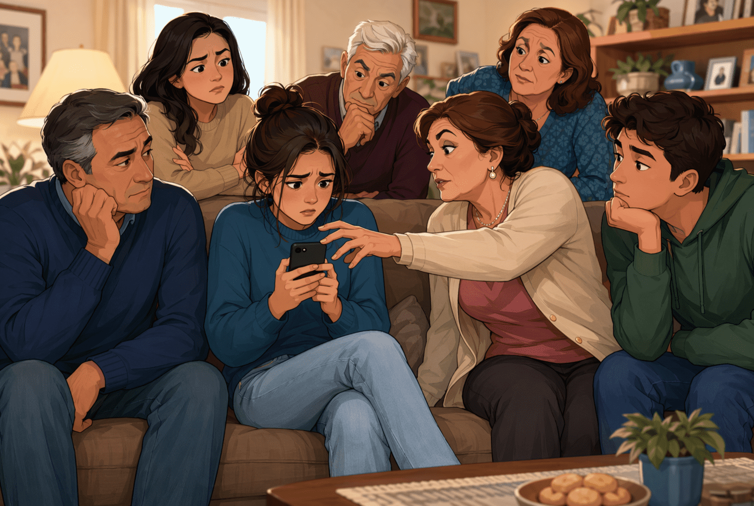 Parent reaching for adult child's phone on couch