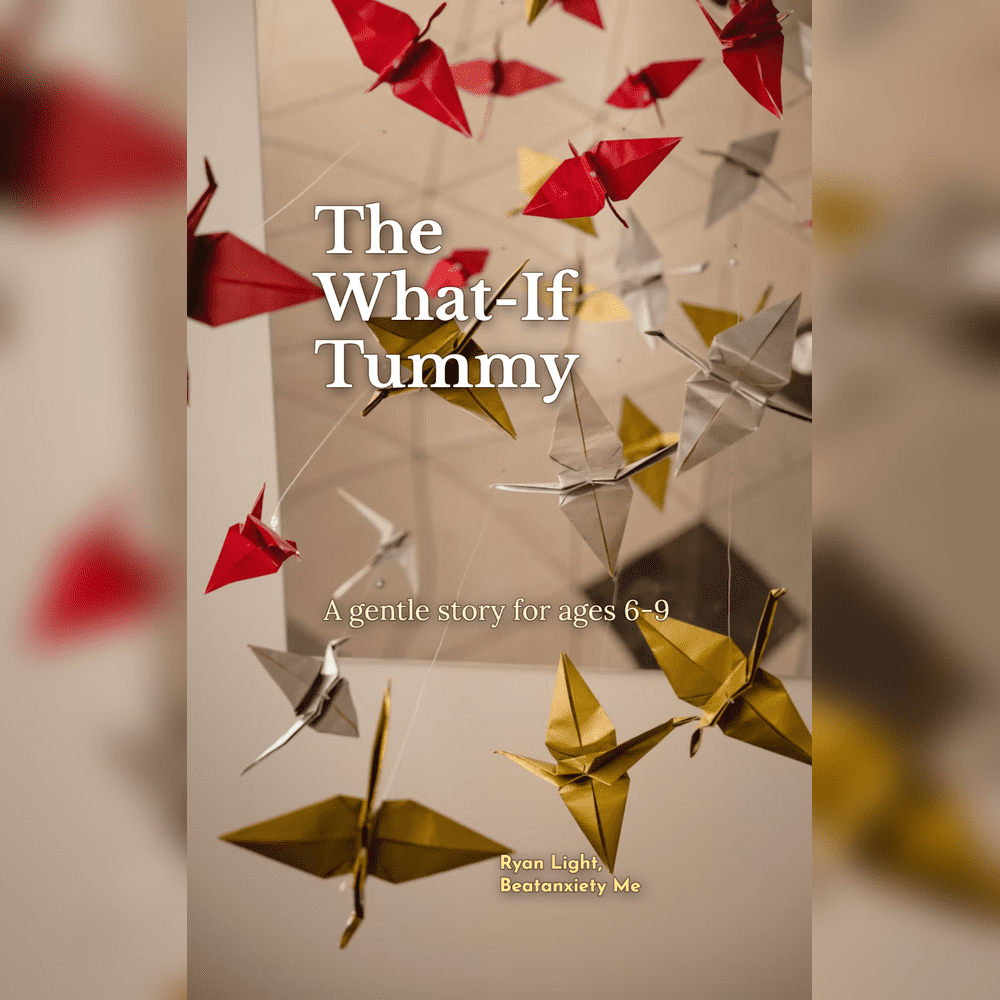 Cover image for a children's story titled 'The What-If Tummy' featuring red, gold, and silver origami birds hanging in the air.