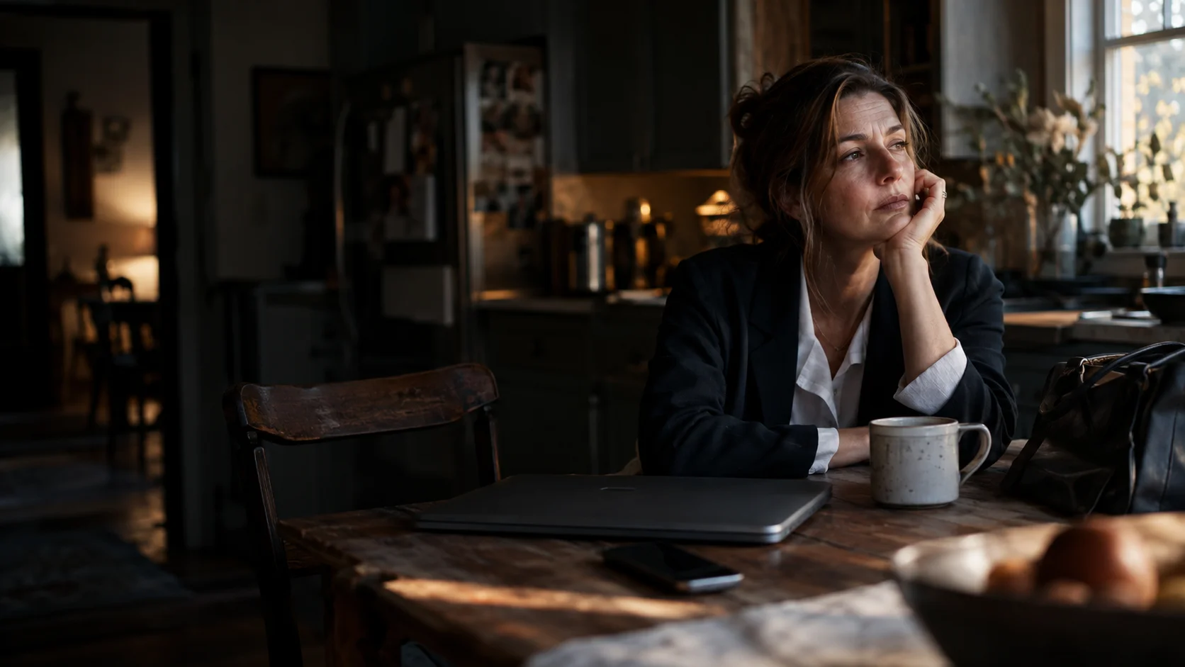 Woman sits at a rustic table in a dim kitchen, resting her chin on her hand, looking pensive near a mug and laptop.