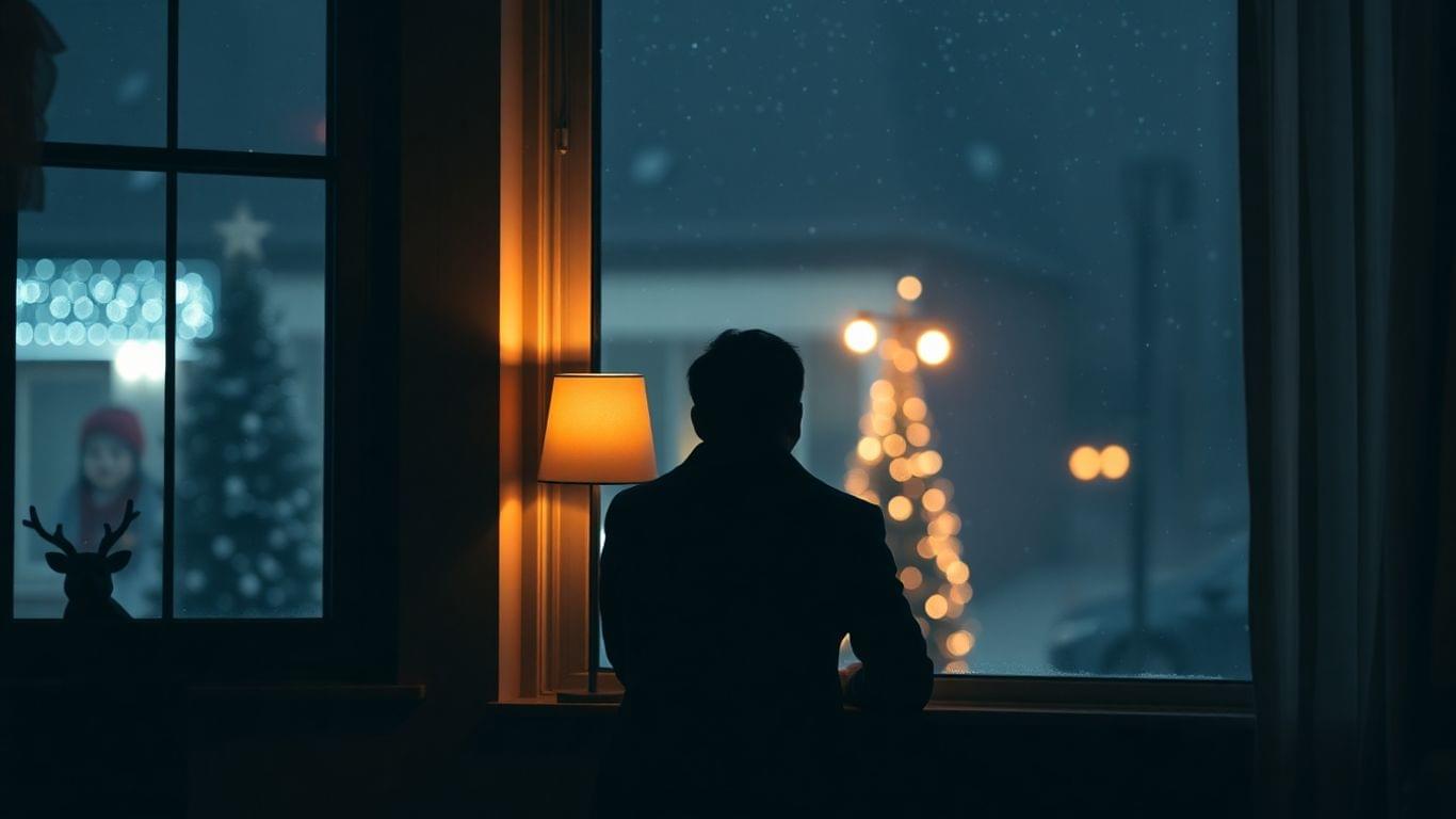 Person looking out window at snowy holiday lights